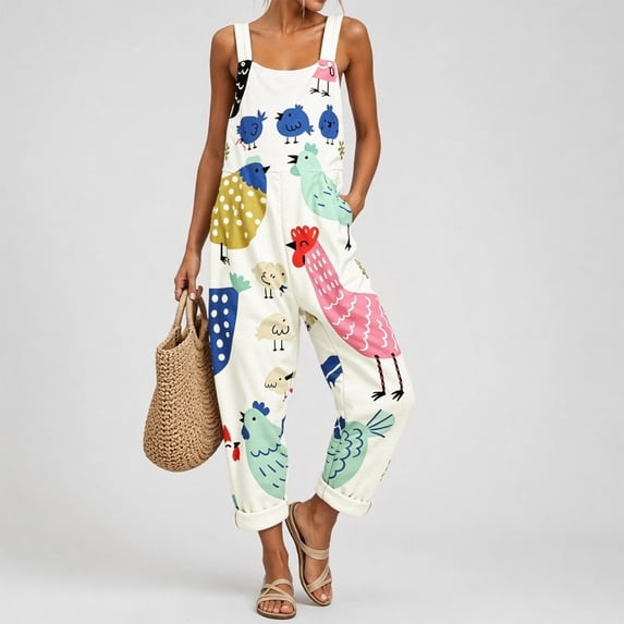 Women Floral Printed Adjustable Strap Denim Bib Overall Wide Leg Jeans Casual Baggy Overalls Jumpsuit Lightweight Pocket Baggy Dungarees(White,XXXL)
