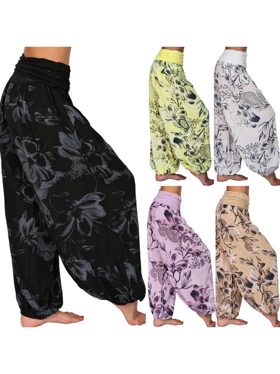 Women Floral Printed Elastic High Waist Harem Pants Loose Fit Plus Size Stretch Boho Casual Long Trousers Black XL