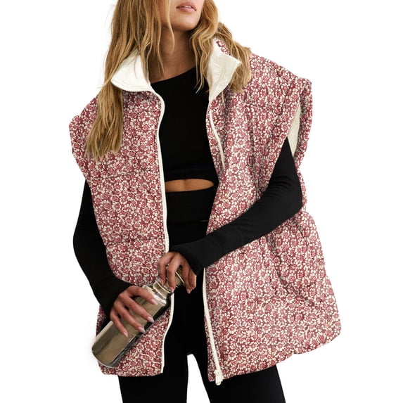 Women Floral Printed Puffer Vest Stand Collar Zip‑Up Sleeveless Quilted Jacket with Pockets