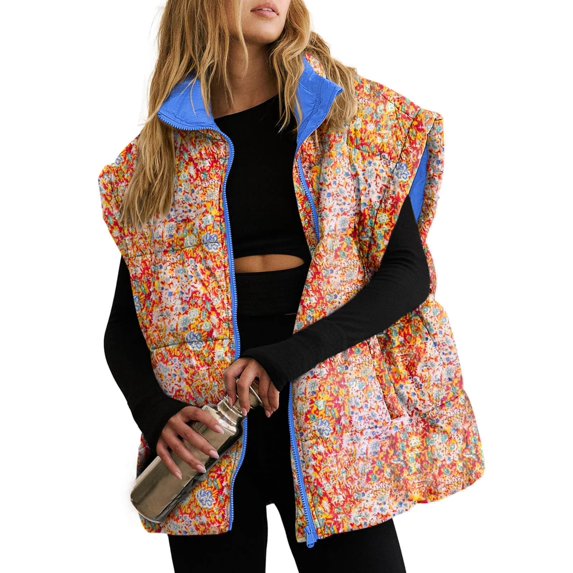 Women Floral Printed Puffer Vest Stand Collar Zip‑Up Sleeveless Quilted Jacket with Pockets