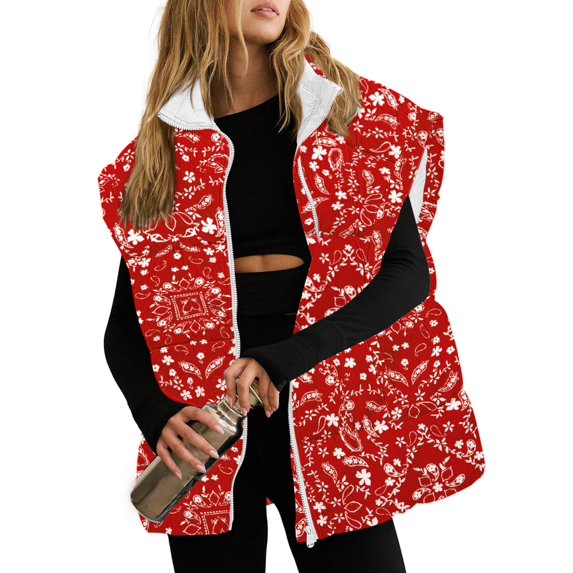 Women Floral Printed Puffer Vest Stand Collar Zip‑Up Sleeveless Quilted Jacket with Pockets