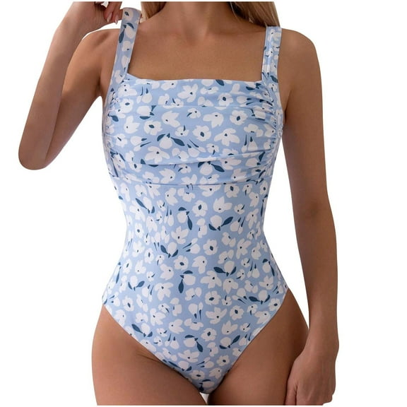 Women Floral Printed Swimsuit One Piece Bathing Suit Square Neck Low Back Ruched Summer Beach Modest Swimwear (M, Light Blue)