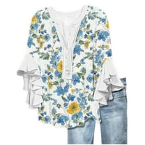 Women Floral Printed T-Shirt Summer Peplum Ruffle Sleeve Tops Henley Neck Tee Shirts Button Down Shirts Fltter Hem Loose Fit Tunic Blouse Going Out Beach Vacation Outfits 2025