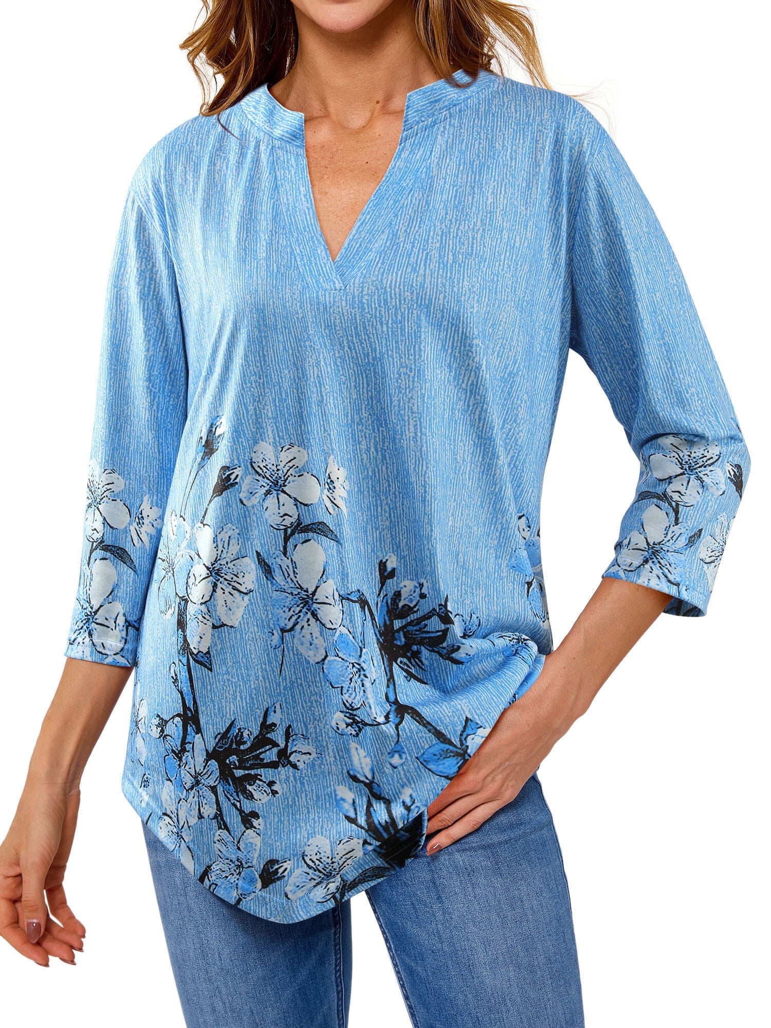 Women's Long Sleeve V Neck Floral Stripes Top main image 1