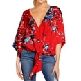 thumbnail image 1 of Women Floral Printed V Neck Half Batwing Sleeve Knotted Hem Top, 1 of 2