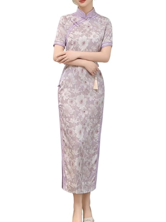 Women Floral Qipao Dress Short Sleeve Mandarin Collar Frog Button Tassel Decor Long Cheongsam Side Slit for Tea Party Daily Banquet