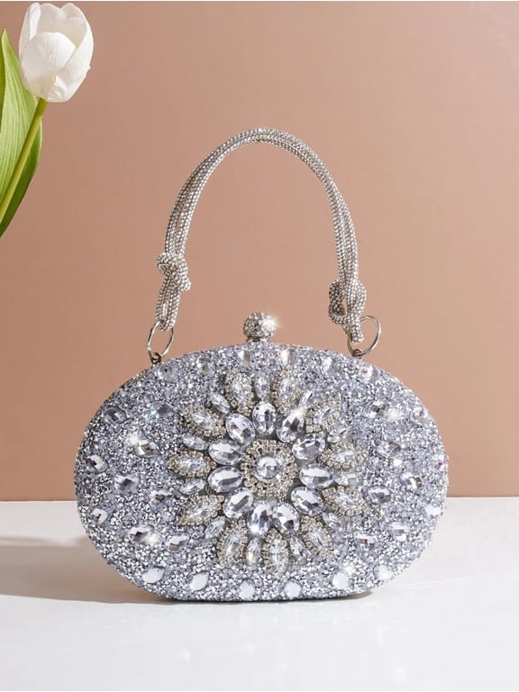 Women's PU Floral Rhinestone Evening Clutch with Detachable Straps, Silver