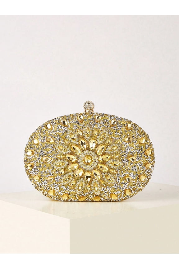 Women Floral Rhinestone Oval Hardcase Evening Clutch, Sparkly Crystal Formal Handbag with Detachable Strap for Wedding Prom Cocktail, Black/Gold/Silver/Multicolor Optional