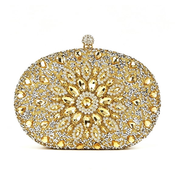 Women Floral Rhinestone Oval Hardcase Evening Clutch, Sparkly Crystal Formal Handbag with Detachable Strap for Wedding Prom Cocktail, Black/Gold/Silver/Multicolor Optional