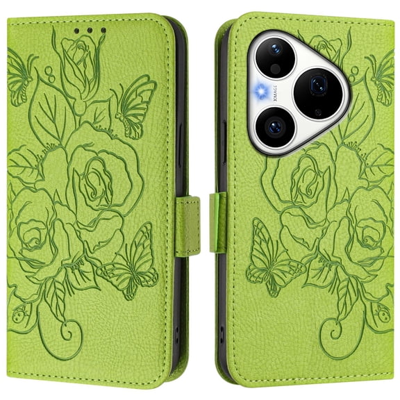 Women Floral Rose Butterfly Folio Flip Phone Case for Huawei P90 Pro, Premium Leather, RFID Protection, Card Slots, Multi-Color Options.S01