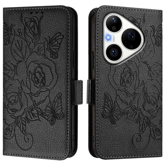 Women Floral Rose Butterfly Folio Flip Phone Case for Huawei P90 Pro, Premium Leather, RFID Protection, Card Slots, Multi-Color Options.S06