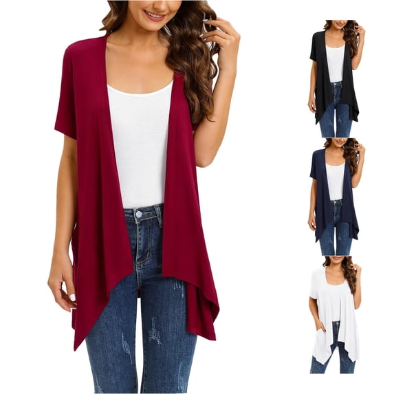 Women Floral Short Sleeve Cardigans for Women Casual Drape Open Front Lightweight Summer Cardigan with Pocket High Low Sweaters for Women with Hoodie L