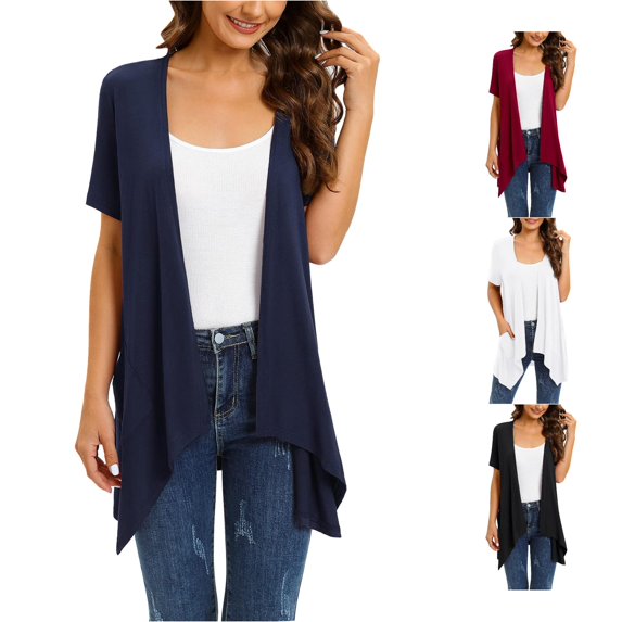 Women Floral Short Sleeve Cardigans for Women Casual Drape Open Front Lightweight Summer Cardigan with Pocket High Low Sweaters for Women with Hoodie S