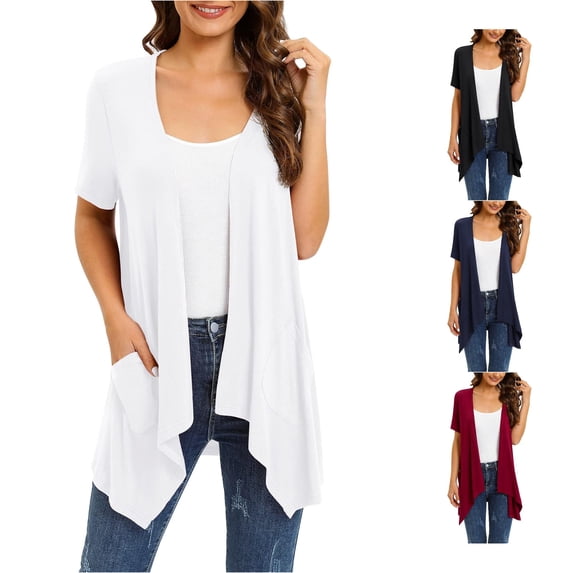 Women Floral Short Sleeve Cardigans for Women Casual Drape Open Front Lightweight Summer Cardigan with Pocket High Low Sweaters for Women with Hoodie XL
