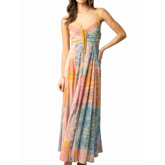 Women Floral Smocked Maxi Dress Bow-Knot Spaghetti Straps Midi Sun Dress Boho Casual Beach Long Dresse Color XL