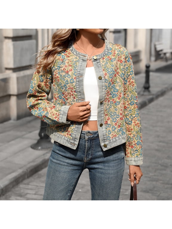 Women Floral Tapestry Cropped Jacket, Denim Trim Round Neck Button‑Up Coat for Fall Daily Street Outing