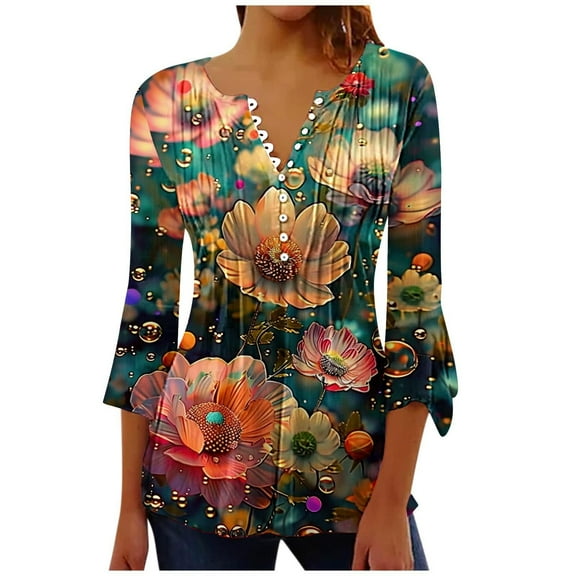 Women Floral Trendy Tops V Neck Button Down Tunic Top 3/4 Sleeve Tees Loose Pleated Shirts Workout Vacation Blouses Outfits Summer 2025