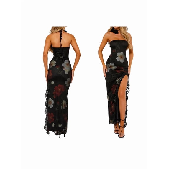 Women Floral Tube Maxi Dress Summer Strapless Tube Bodycon Mesh Layer Cocktail Party Dress