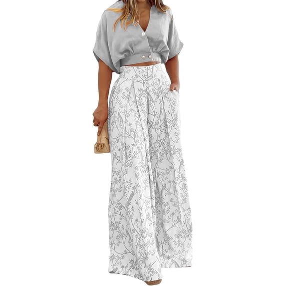Women Floral Two Piece Pants Set Short Sleeve V Neck Top Wide Leg Pants Matching Outfit Dressy Summer Set