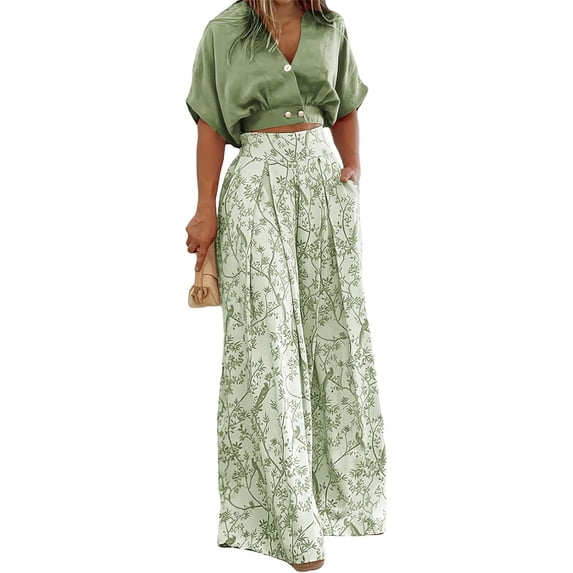 Women Floral Two Piece Pants Set Short Sleeve V Neck Top Wide Leg Pants Matching Outfit Dressy Summer Set