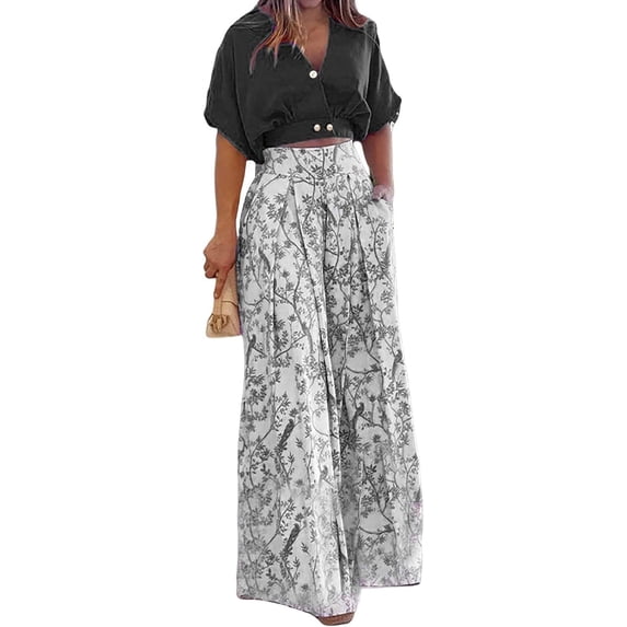Women Floral Two Piece Pants Set Short Sleeve V Neck Top Wide Leg Pants Matching Outfit Dressy Summer Set