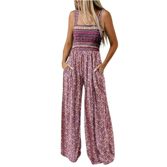 Women Floral Wide Leg Jumpsuit Sleeveless Square Neck Smocked Casual Summer Outfit