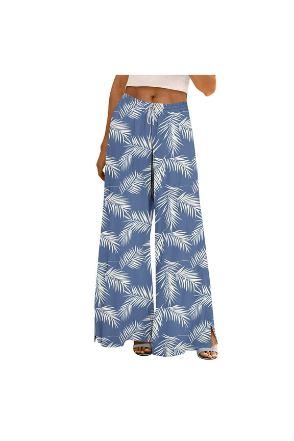 Women Floral Wide Leg Pants Drawstring Elastic Stretch Graphic Trousers Casual Summer Hawaiian Pants with Pockets