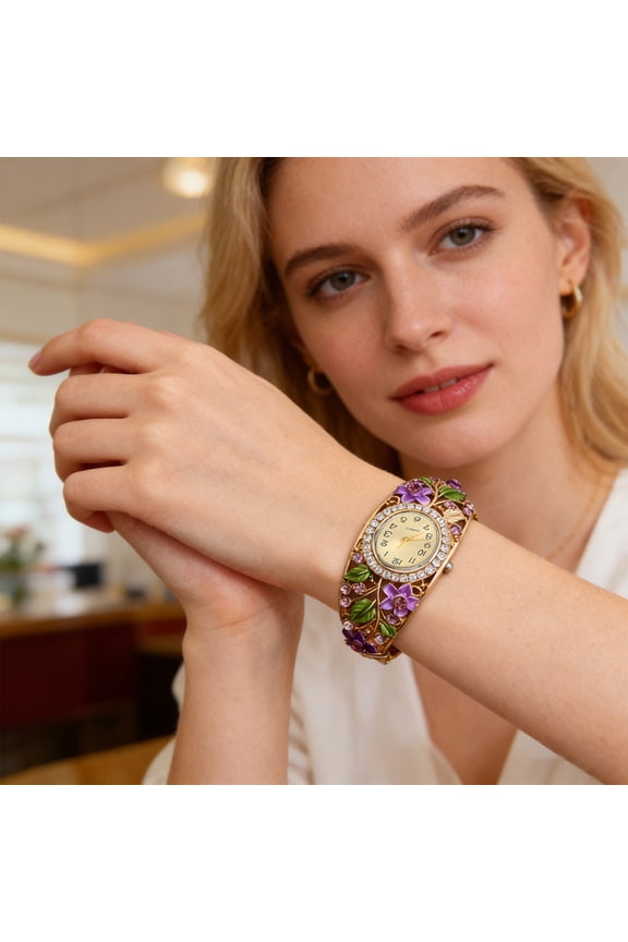 Women Flower Bangle Watch Rhinestone Round Dial Quartz Movement Classic Casual Formal Dress Wide Bangle Wristwatch Fashion Jewelry