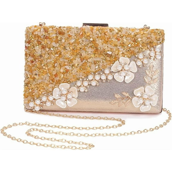 Women Flower Evening Bag Rhinestone Clutch Bag Sparkly Crystal Handbag Pearl Beaded Shoulder Bag Bridal Wedding Purse