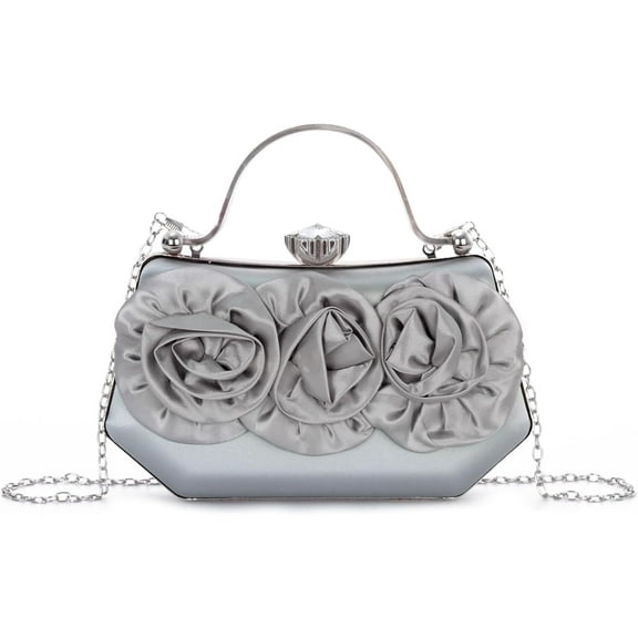 Women Flower Evening Handbag Satin Floral Clutch Purses Chain Strap Shoulder Bag
