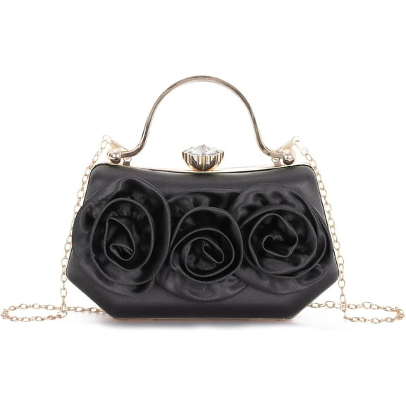 Women Flower Evening Handbag Satin Floral Clutch Purses Chain Strap Shoulder Bag