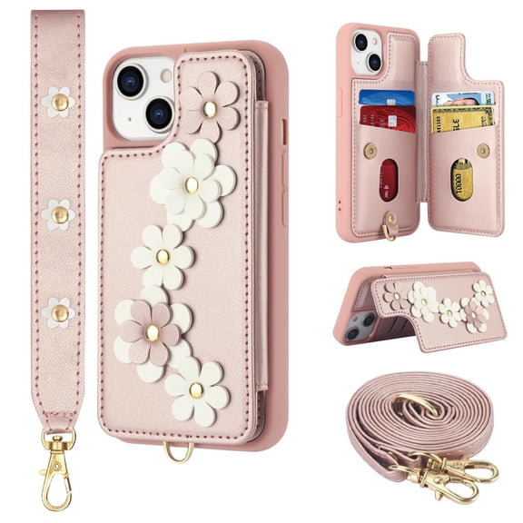 Women Flower Flip Wallet Case, iPhone 14/15/16/17 Pro Max with Lanyard