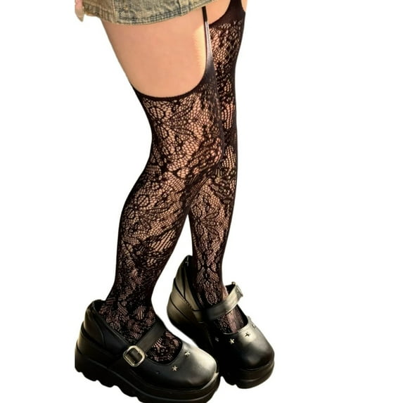 Women Flower Pattern Fishnet Colored Pantyhose Japanese Style Thigh High Stockings Garter Belt Suspender Tights