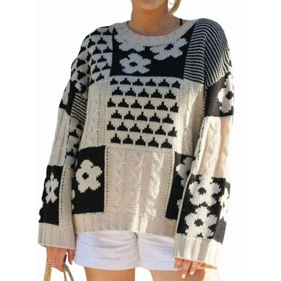 Women Flower Print Color Block Sweater Casual Pullover Tops Long Sleeve Cable Ribbed Knit Sweater  XL