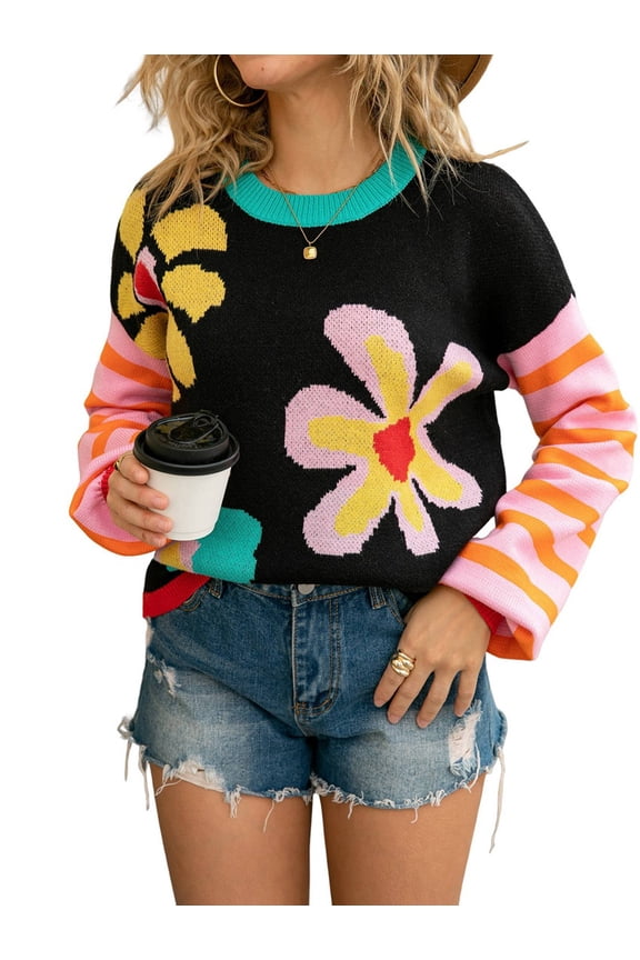 Women Flower Print Sweaters Striped Patchwork Crewneck Knitted Long Sleeve Pullover Sweaters Tops Black XL