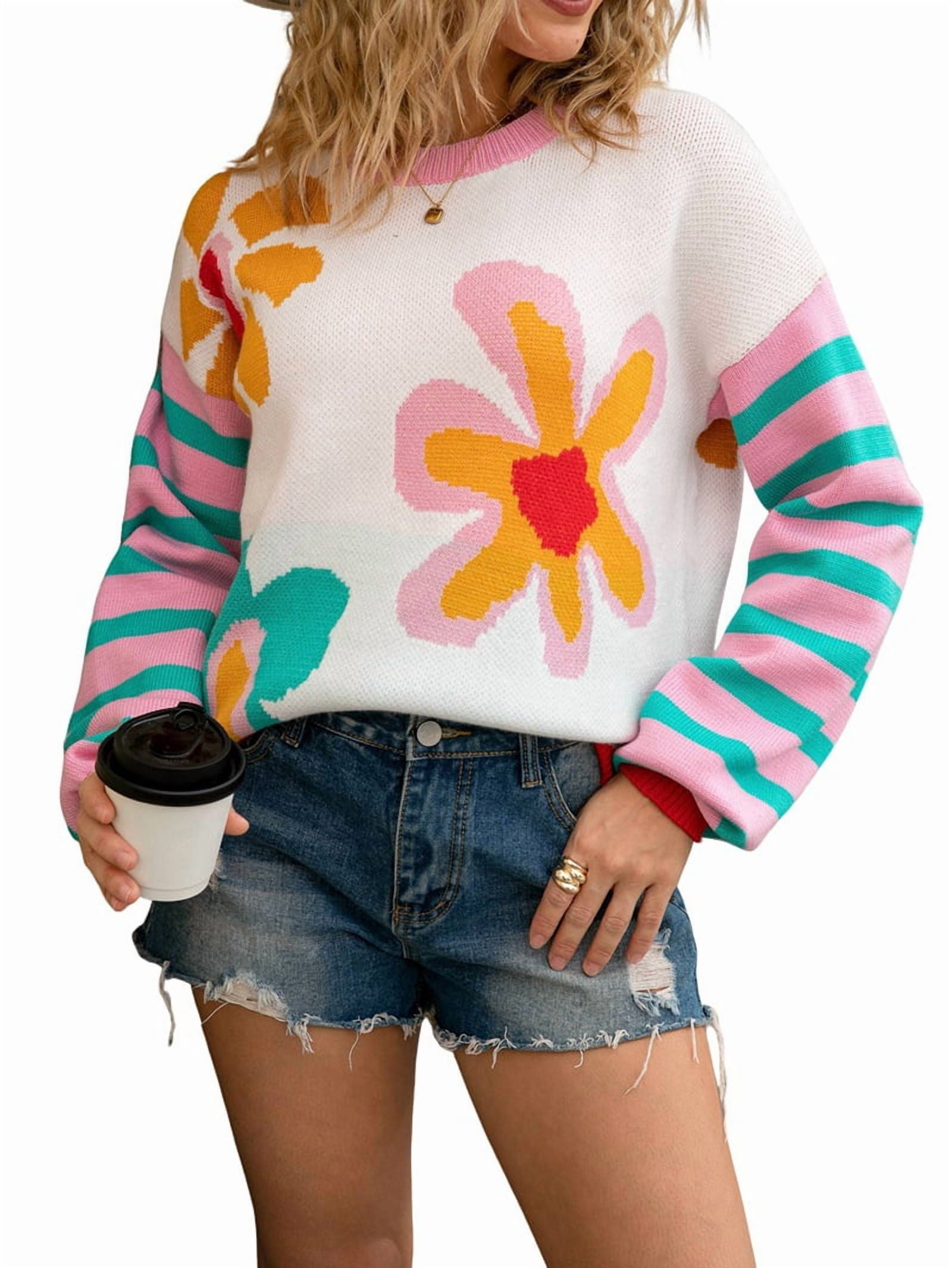 Women Flower Print Sweaters Striped Patchwork Crewneck Knitted Long Sleeve Pullover Sweaters Tops White L