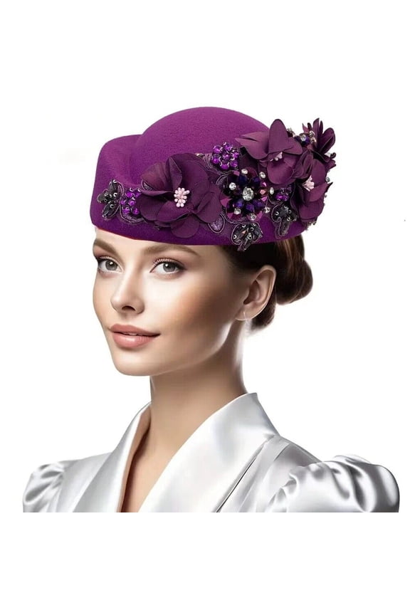 Women Flower Rhinestone Cloche Hat Ladies Fedora Airline Stewardess Church Cap