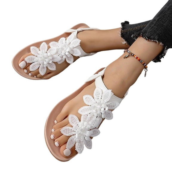 Women Flower Sandals Comfort Walking Sandal Casual Beach Wedding Shoes Women Dressy Summer Flat (White,39)
