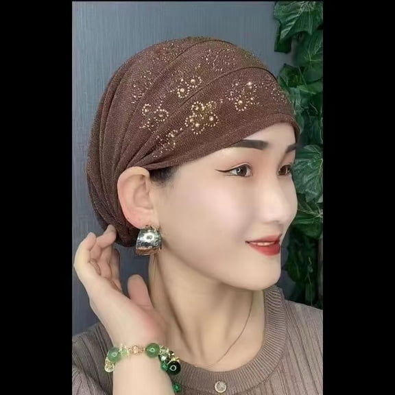 Women Flower Turban Hat Rhinestones Muslim Islamic Head Wrap African Pearl Turban Soft Stretchy Head Cover