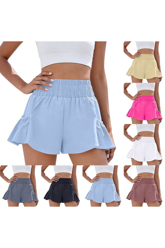 Women Flowy Athletic Shorts High Waisted Boho Ruffle Running Workout Shorts Smocked Shorts with Pockets, XL