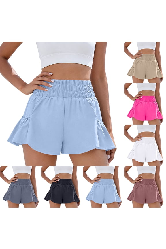 Women Flowy Athletic Shorts High Waisted Ruffle Smocked Running Workout Shorts with Pockets, M