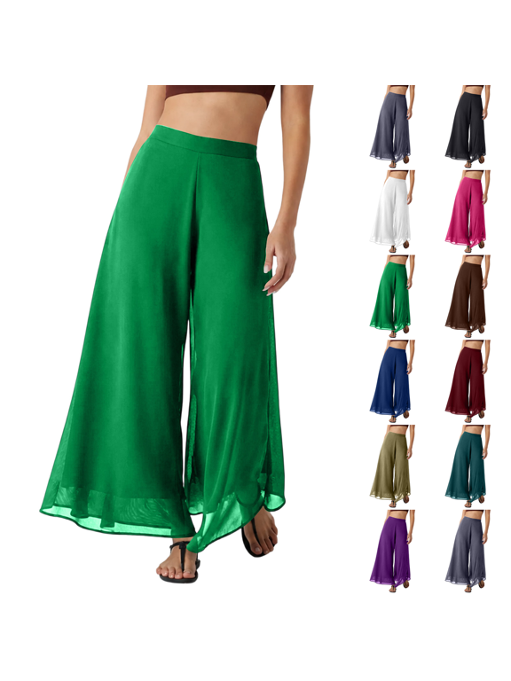 Women Flowy Chiffon Wide Leg Split Palazzo Pants High Waist Sheer Layered Trousers Lightweight Ankle Pants Green L