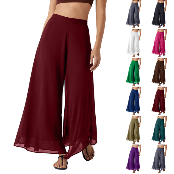 Women Flowy Chiffon Wide Leg Split Palazzo Pants High Waist Sheer Layered Trousers Lightweight Ankle Pants Wine M