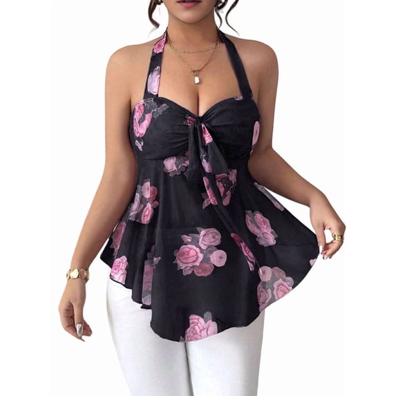 Women Flowy Floral Babydoll Backless Tank Top Black S