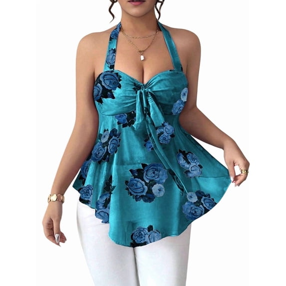 Women Flowy Floral Babydoll Backless Tank Top Dark Green XL