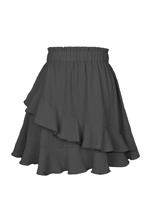 Women Flowy High Waist Ruffle Skirt Layered Boho Flared Pleated Swing A-Line Tiered Mini Skater Skirt Solid Color