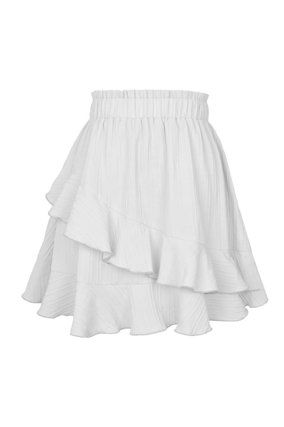 Women Flowy High Waist Ruffle Skirt Layered Boho Flared Pleated Swing A-Line Tiered Mini Skater Skirt Solid Color