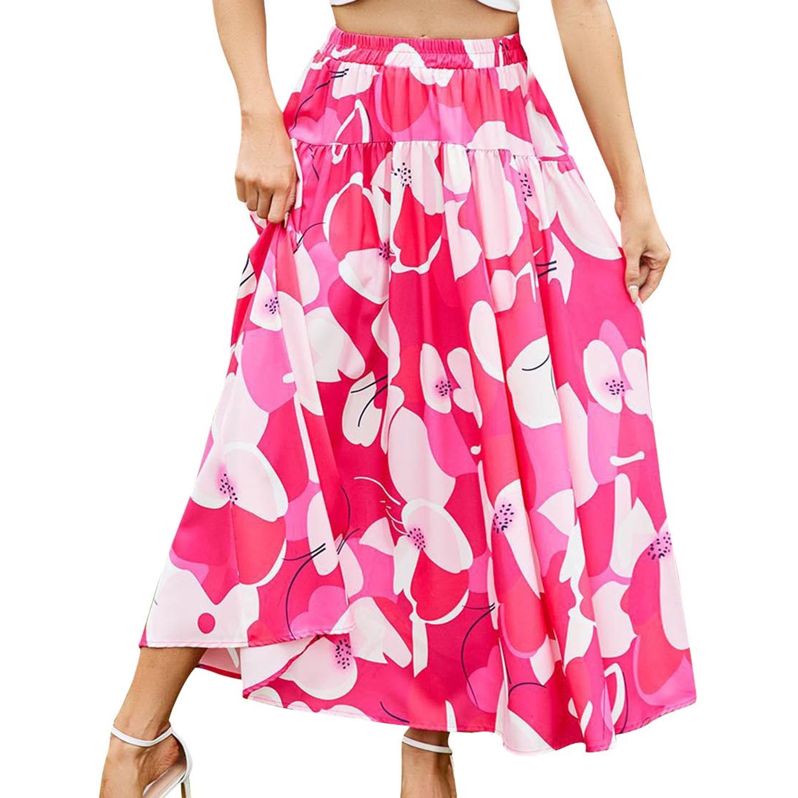 Womens Solid Boho Tiered Skirt Elastic Drawstring High Waist