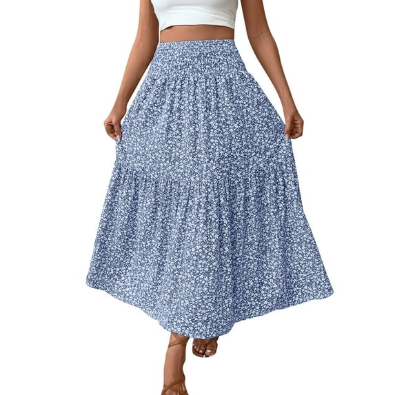 Women Flowy Long Skirts Elastic High Waist Boho Floral Maxi Skirt Summer Beach Pleated Casual Skirts