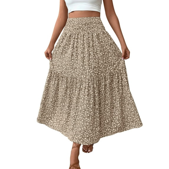 Women Flowy Long Skirts Elastic High Waist Boho Floral Maxi Skirt Summer Beach Pleated Casual Skirts